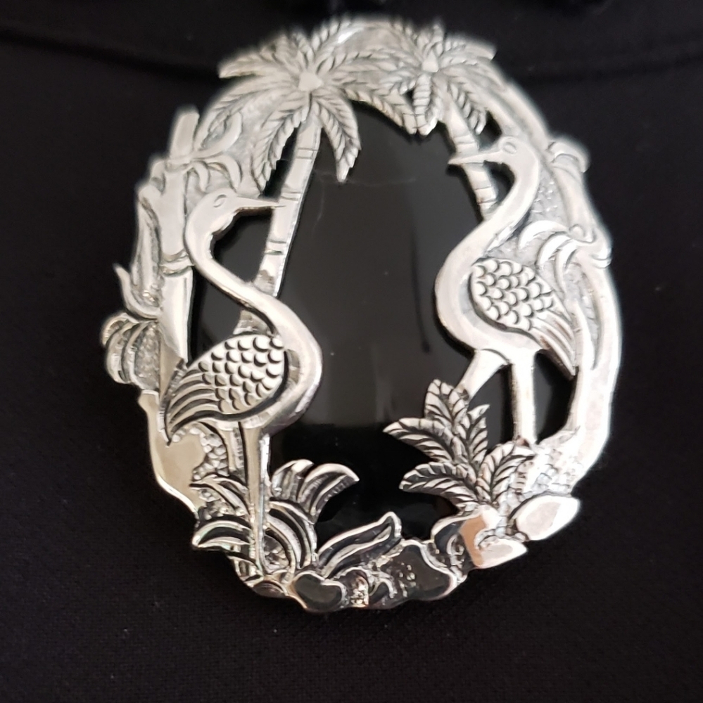 Silver and Black Onyx Pendant Brooch